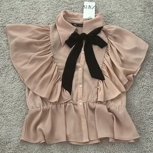 Zara top blouse size L pink with black ribbon NEW
